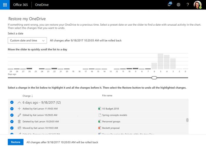 Microsoft 365 中 [還原我的 OneDrive] 頁面的螢幕快照。