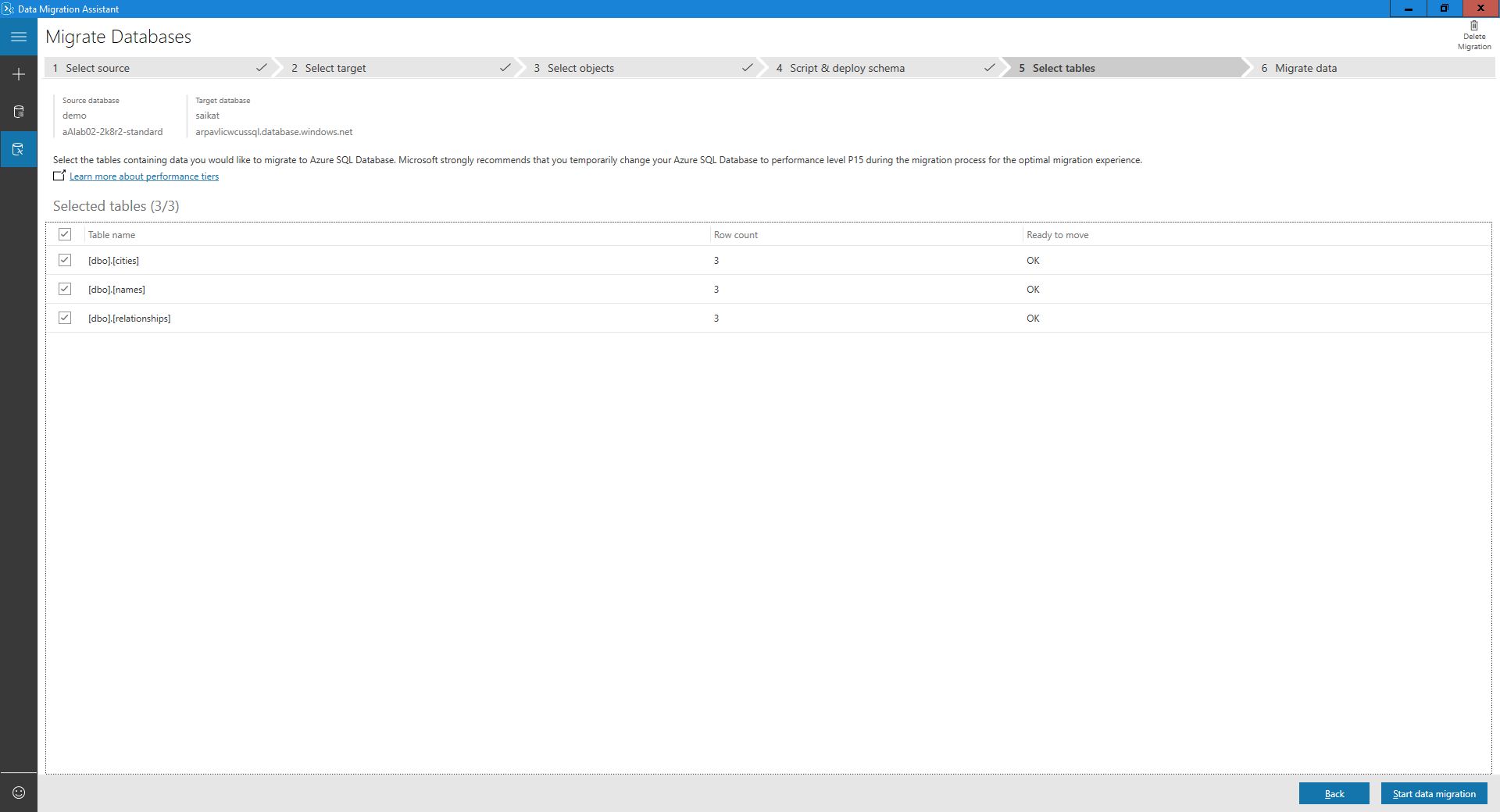 Select tables to migrate