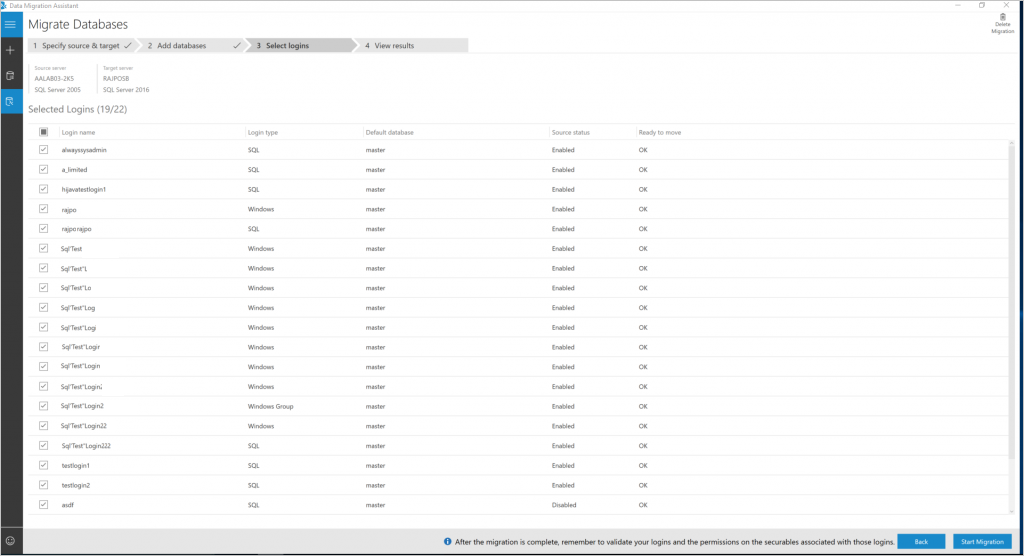 Select logins and start migration