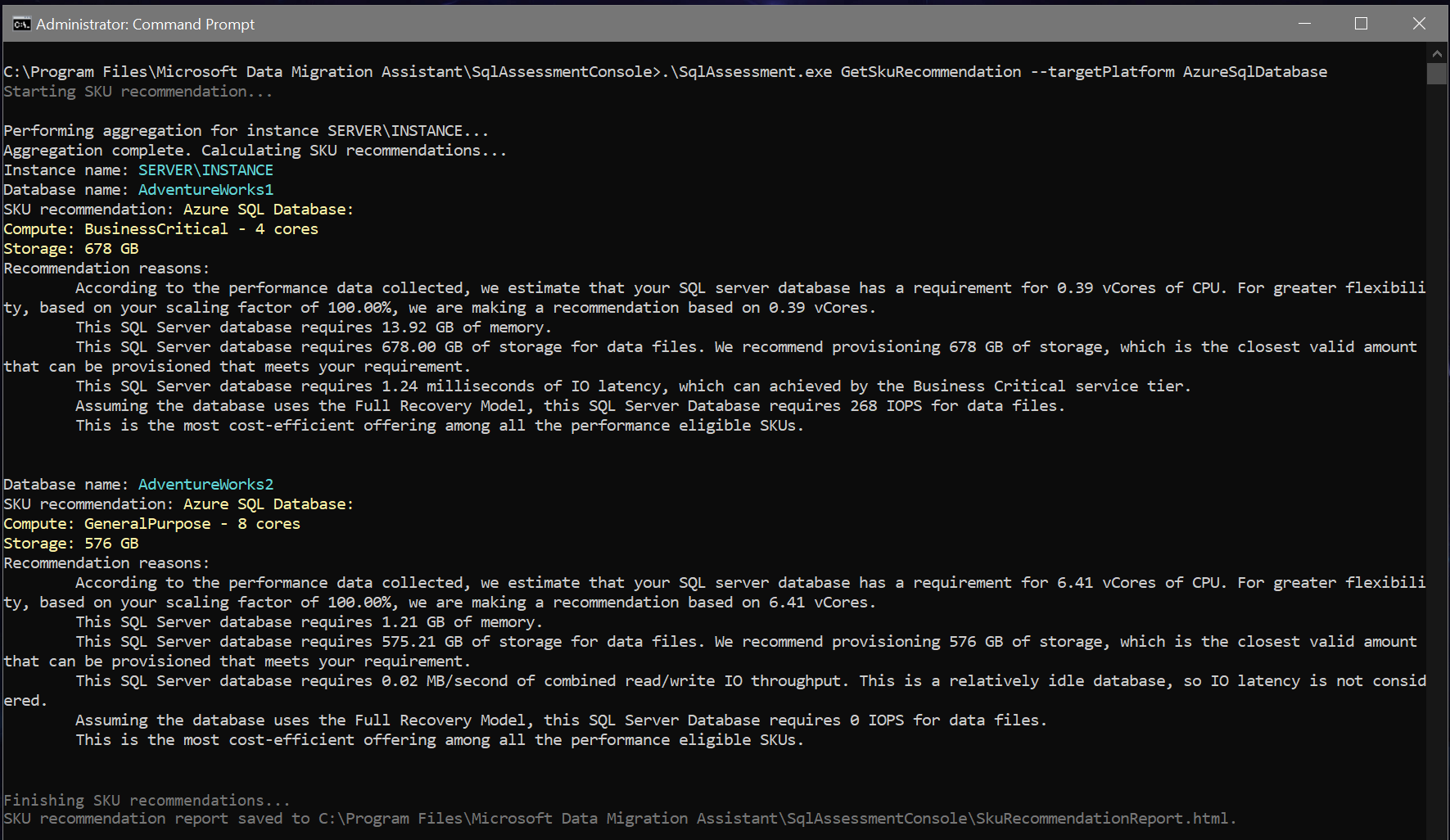 Screenshot of Azure SQL Database SKU tier and sizing recommendations shown in SQLAssessment console.