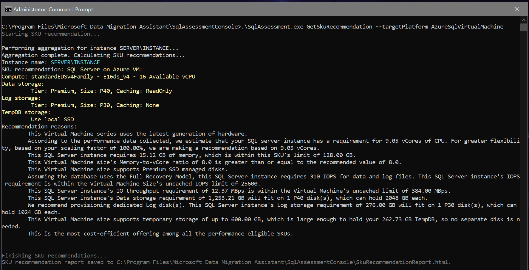 Screenshot of SQL Server on Azure VM SKU tier and size recommendations output shown in console.