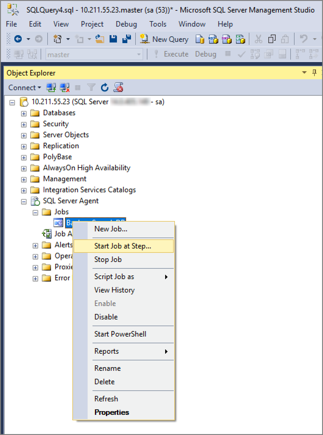 顯示如何啟動 SQL Server Agent 工作的螢幕快照。