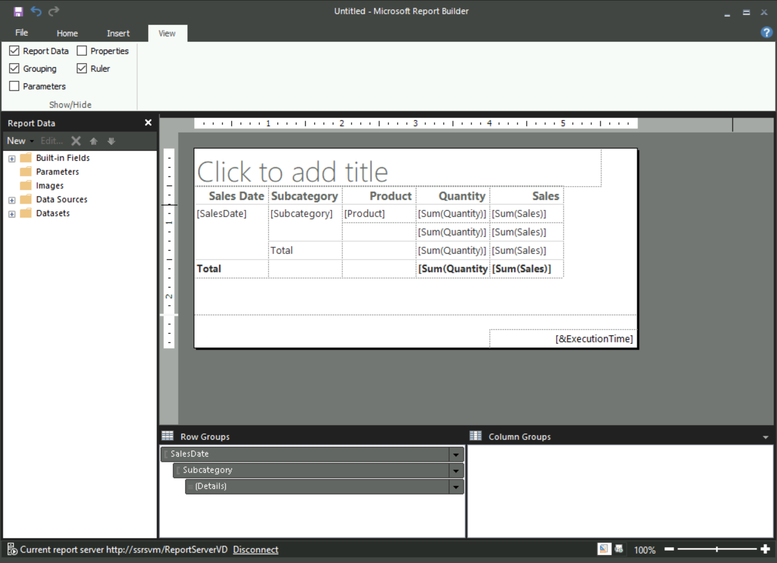 在 Report Builder 的設計介面上開啟新資料表報表的螢幕擷取畫面。