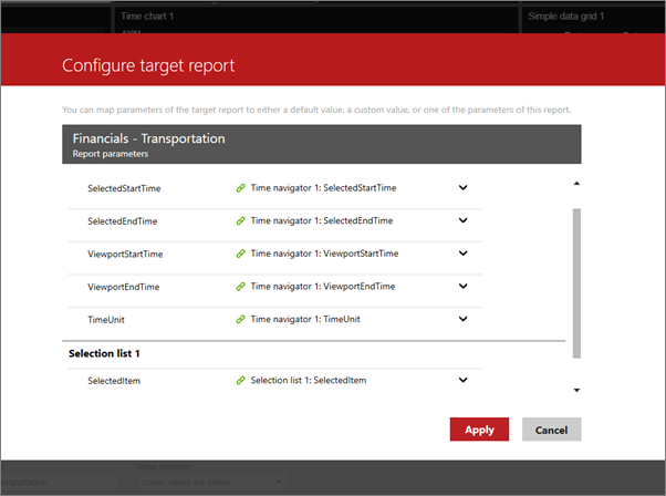 Screenshot of the Configure target report section showing the Financials - Transportation Report parameters.