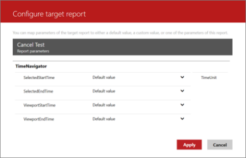 Screenshot of the Configure target report dialog showing available Report parameters.