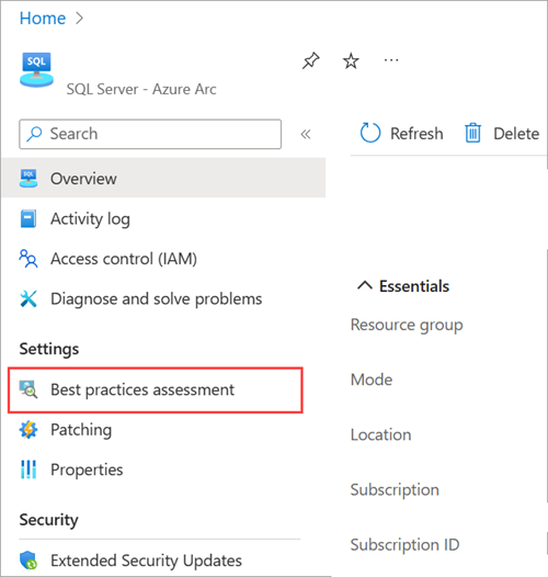 Screenshot showing how to enable the best practices assessment screen of an Arc-enabled SQL Server resource.