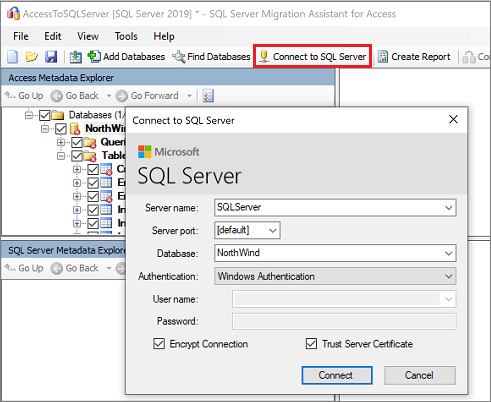 顯示 [連線至 SQL Server] 的螢幕擷取畫面。