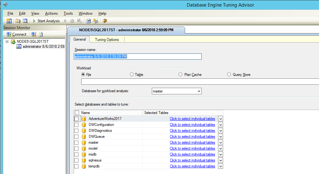 Database Engine Tuning Advisor 預設視窗