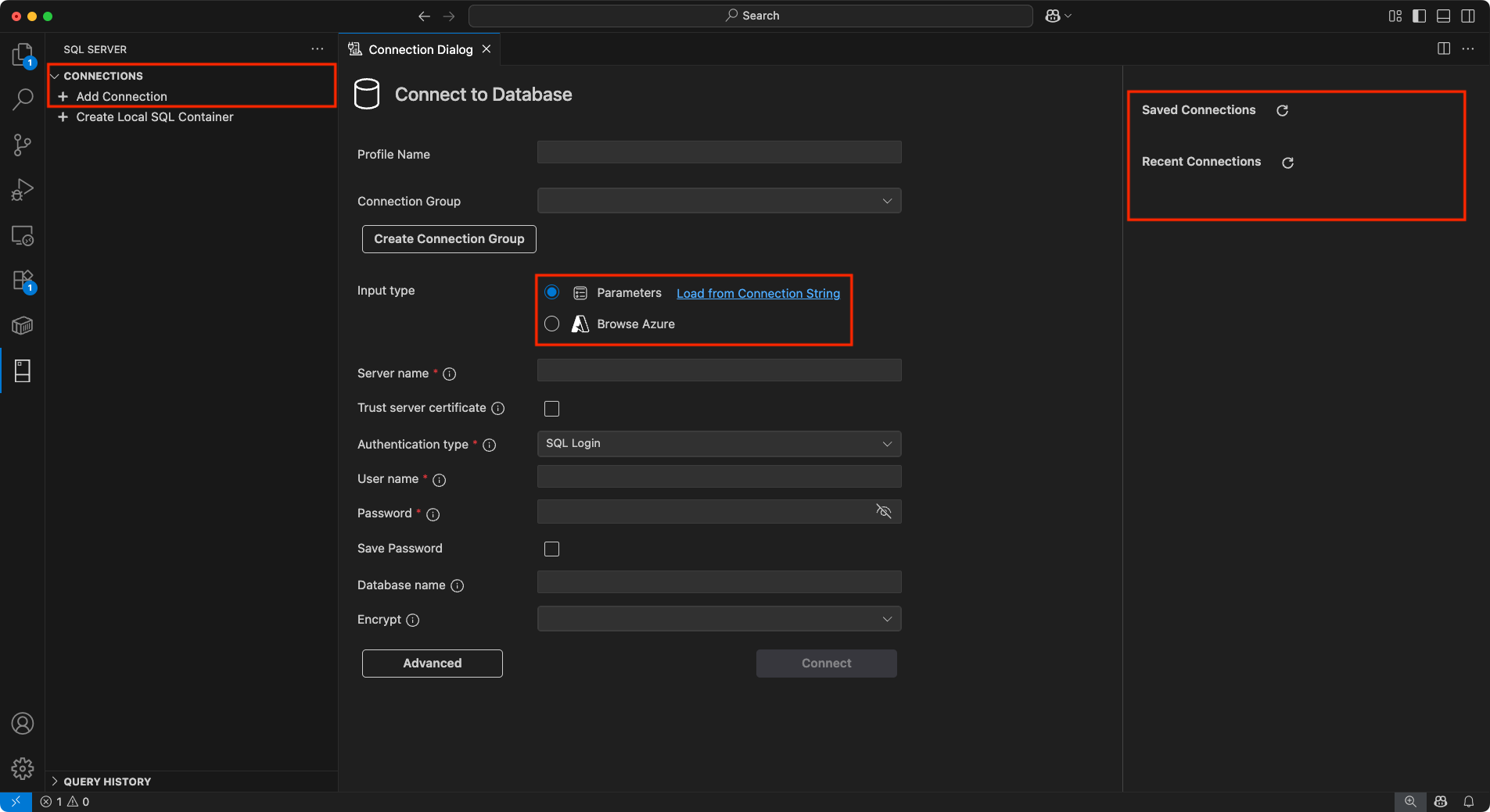 新連線對話框功能的螢幕快照。