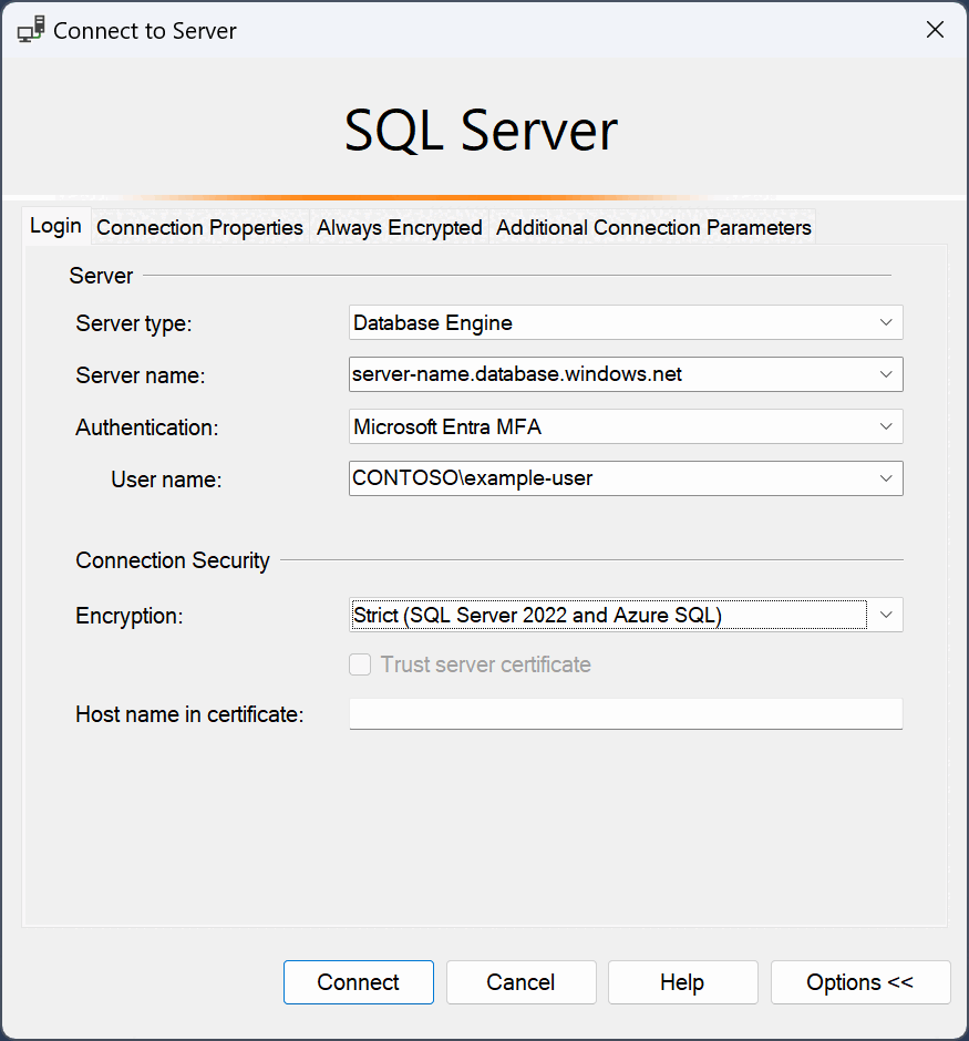 Azure SQL 連線對話框的螢幕快照。