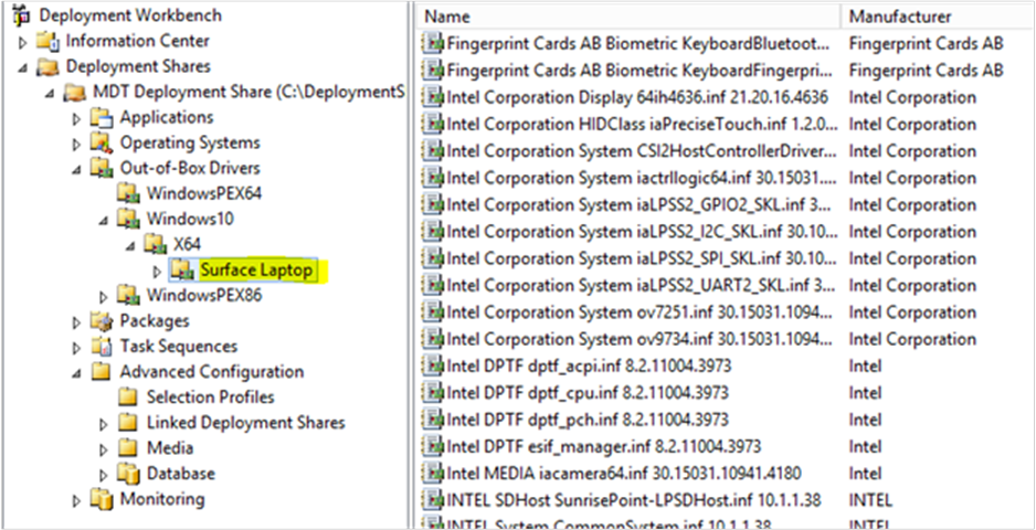 顯示 Deployment Workbench 之 Surface Laptop 資料夾中一般 Surface Laptop (第 1 代) 驅動程式的影像。