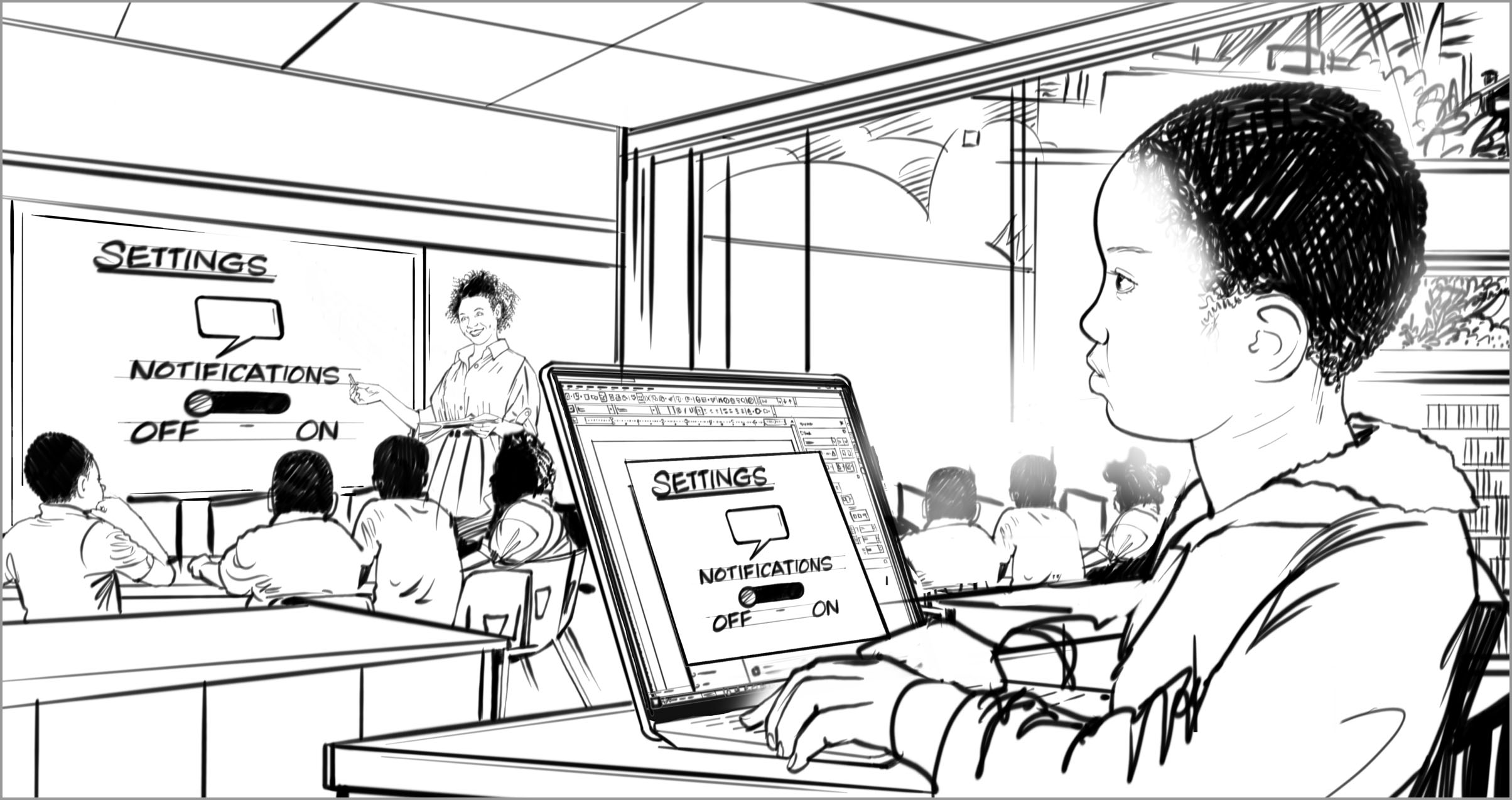 這個小童會在單一窗口開啟時查看膝上型計算機。他看起來很輕鬆又專注。