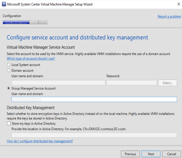 Microsoft System Center Virtual Machine Manager 的設定畫面，顯示設定服務帳戶和分散式金鑰管理的選項，包括帳戶類型選取和加密金鑰儲存。