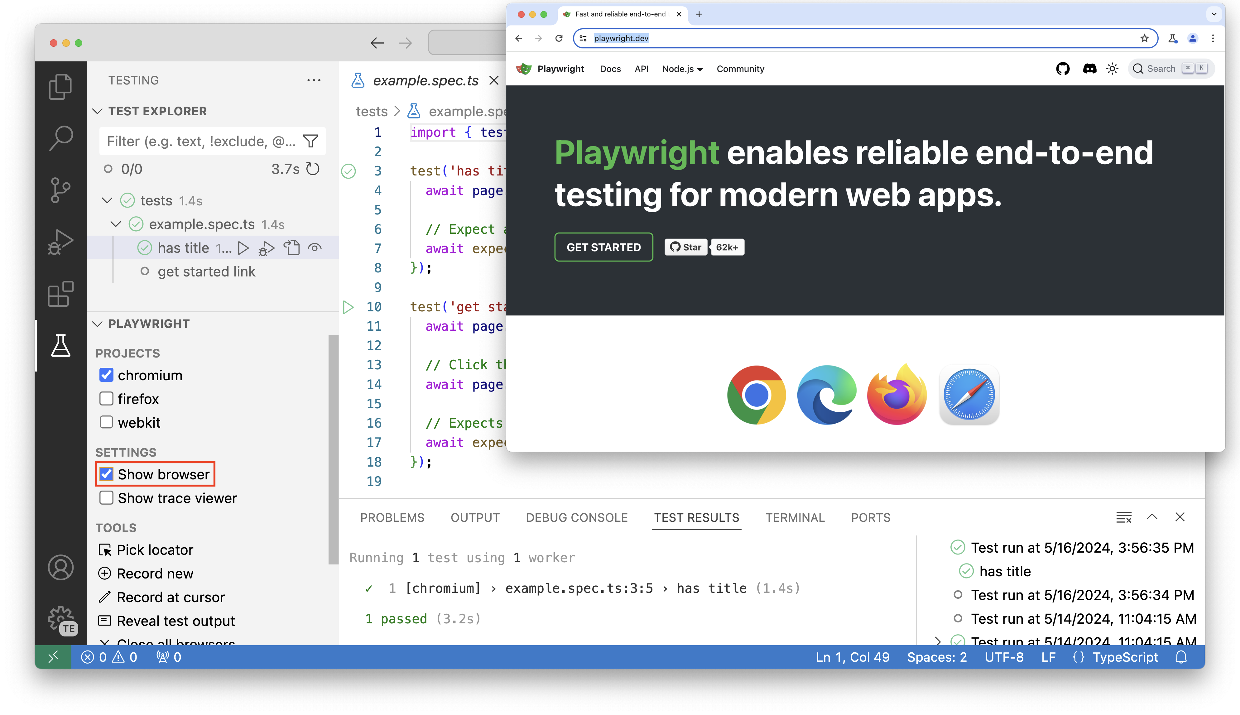 顯示如何使用 Visual Studio Code 在前端模式中執行測試的螢幕快照。