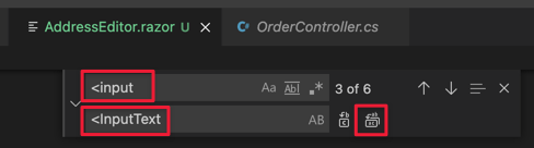 Visual Studio Code 和文字取代對話框的螢幕快照。