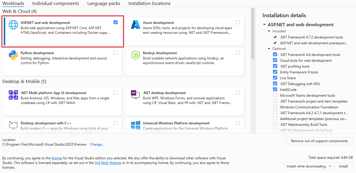 螢幕擷取畫面,其中顯示如何在 Visual Studio 安裝程式中選取 ASP.NET 和 Web 開發工作負載。