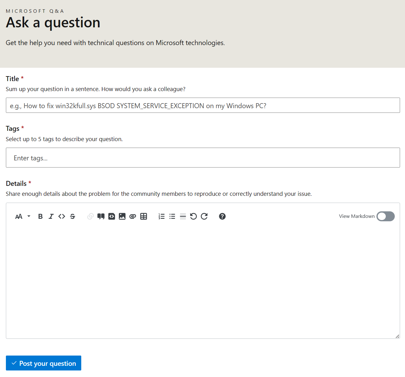 Screenshot of a blank form to post a question on Microsoft Q&A.