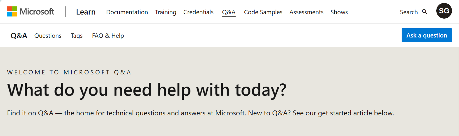 Screenshot of the home page of Microsoft Q&A.