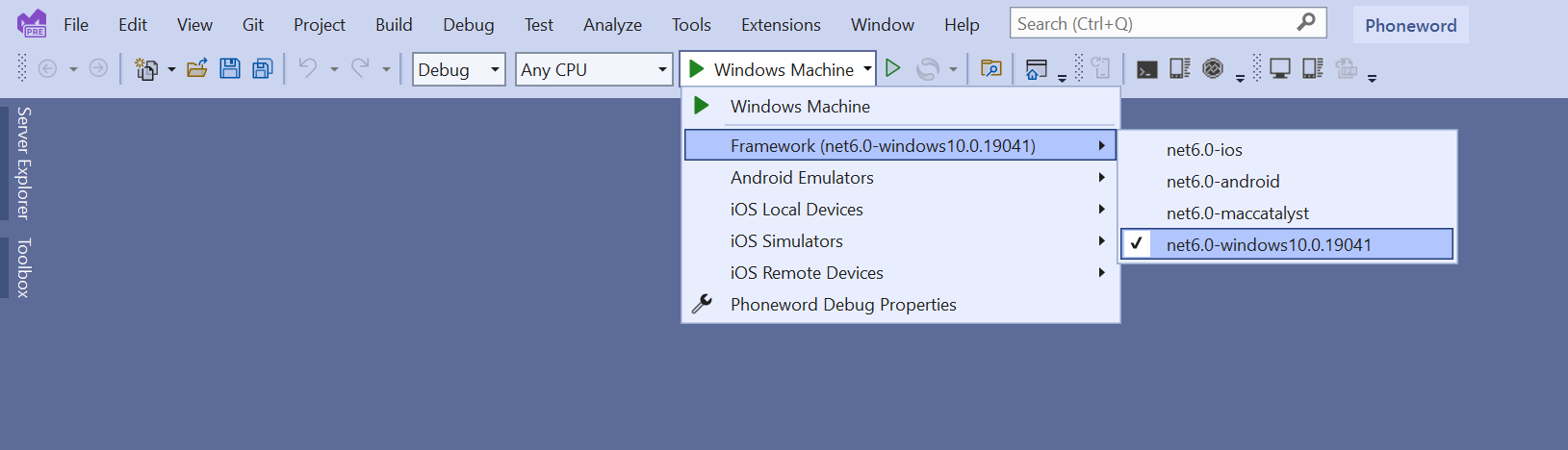 A screenshot of the target runtime dropdown in Visual Studio. The user has set the Windows.Machine profile as the startup profile for the solution.