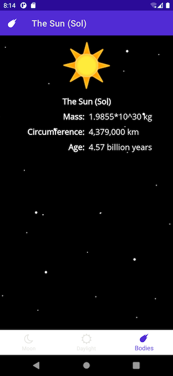 A screenshot of the app running with the astronomical body detail screen shown.