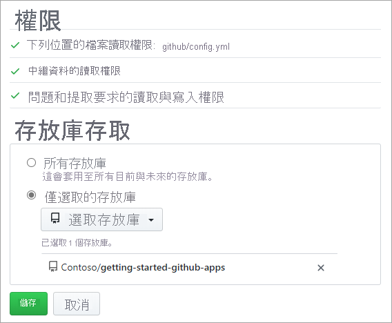 檢閱要求的權限與存放庫存取權之螢幕擷取畫面。