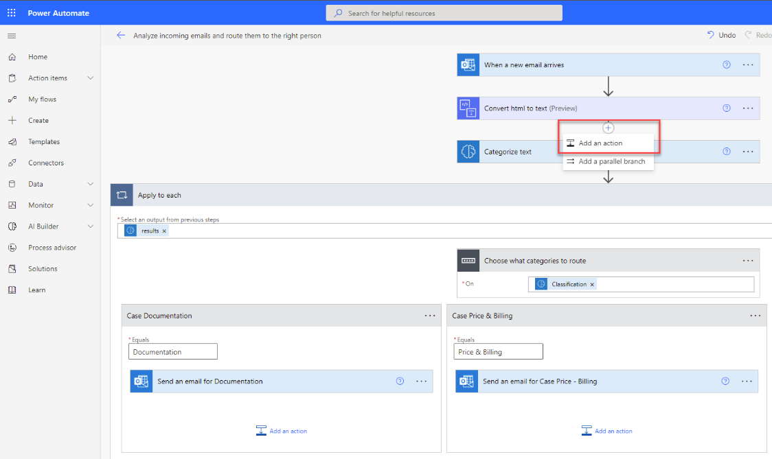 Screenshot of the selected flow in Power Automate Studio with a highlight on the Add an action option.