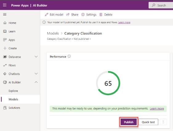 Screenshot of the Category Classification model in Power Apps Studio with the performance indicator and a highlight on Publish.