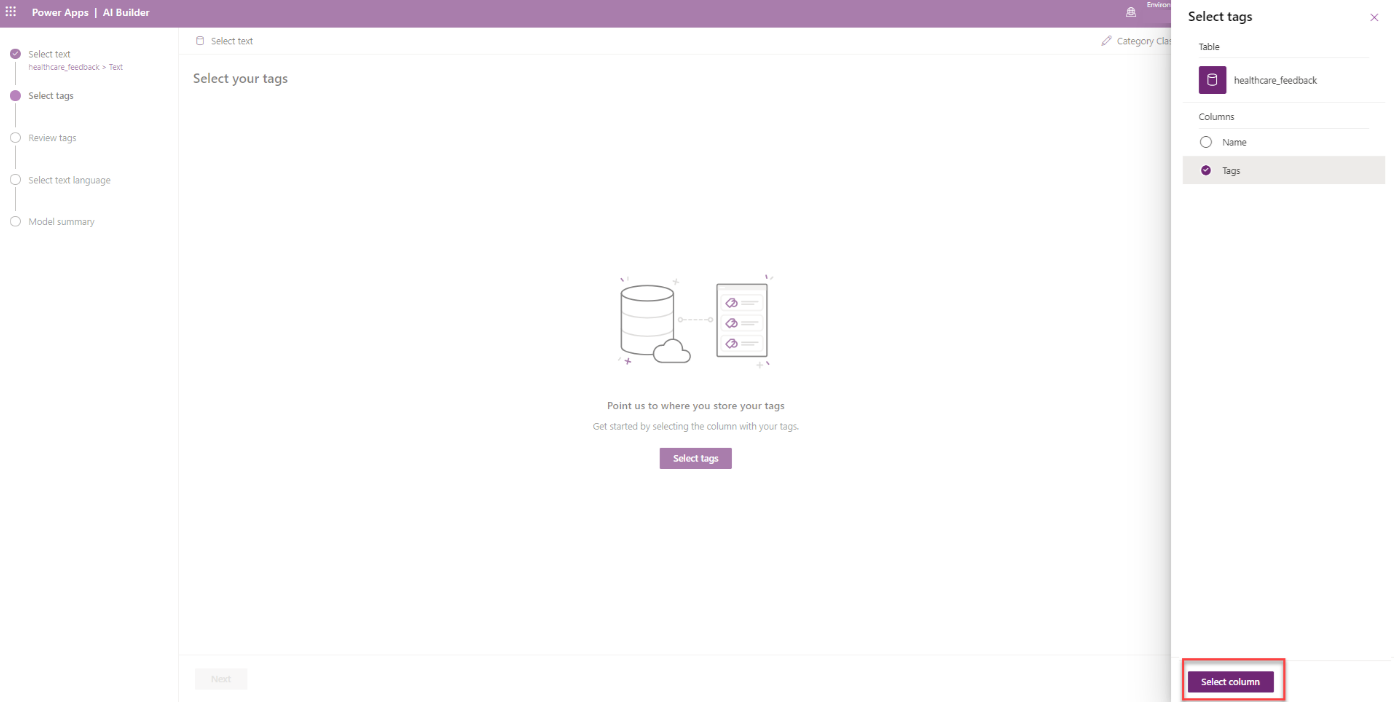 Screenshot of the Category Classification model in Power Apps Studio with a pane on the right to select the Tags column.