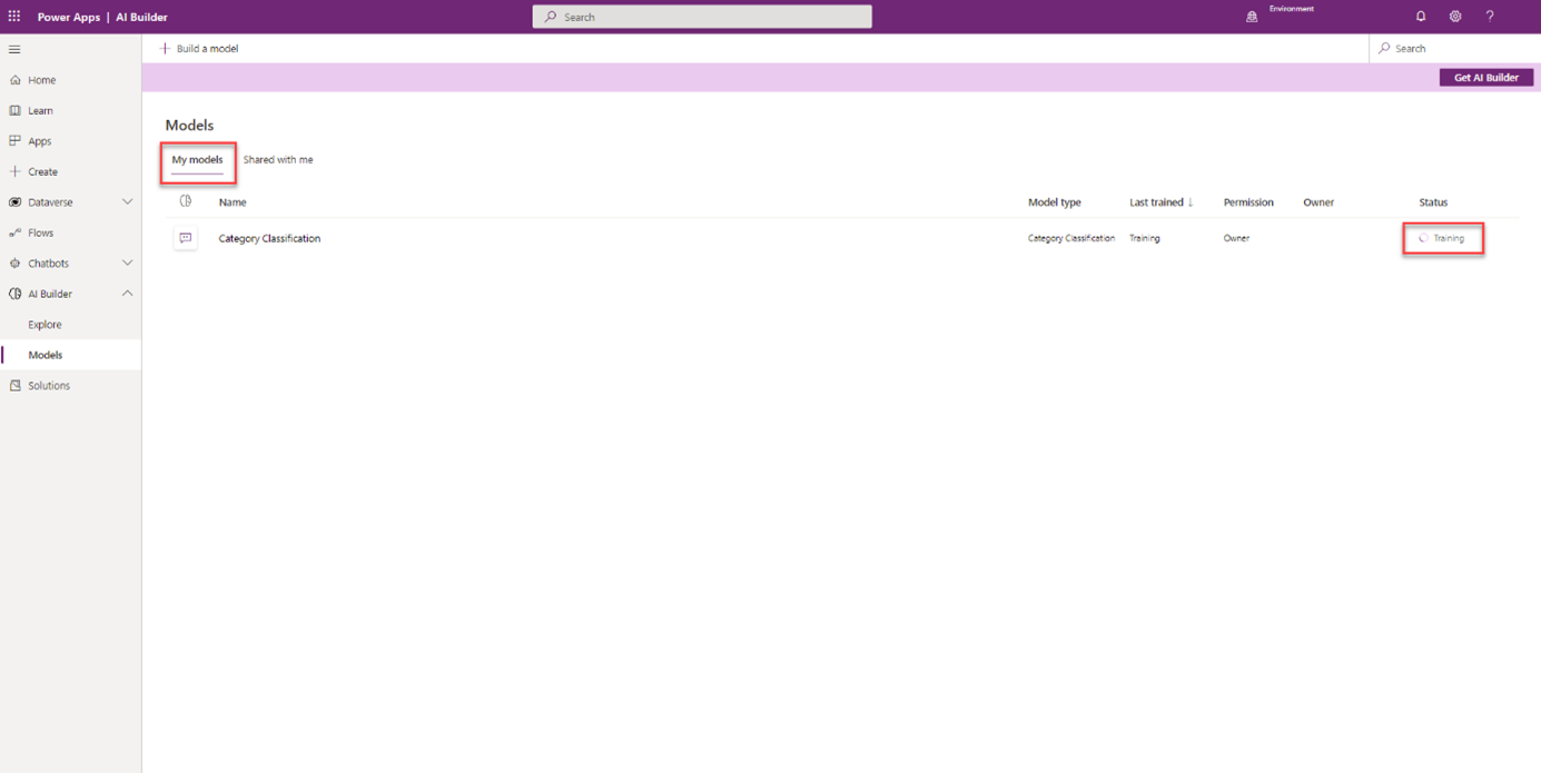 Screenshot of the list of AI Builder models in Power Apps Studio with a highlight on My models and the Training status.