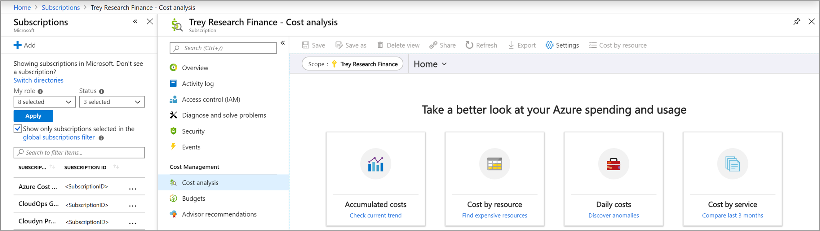 Screenshot of Azure portal navigated to the Cost Analysis panel of a subscriptions.