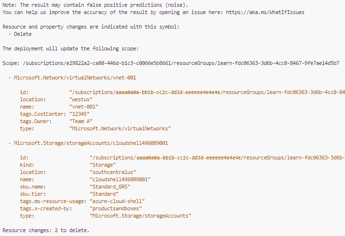 Azure CLI 的螢幕擷取畫面,其中顯示部署確認作業的輸出。