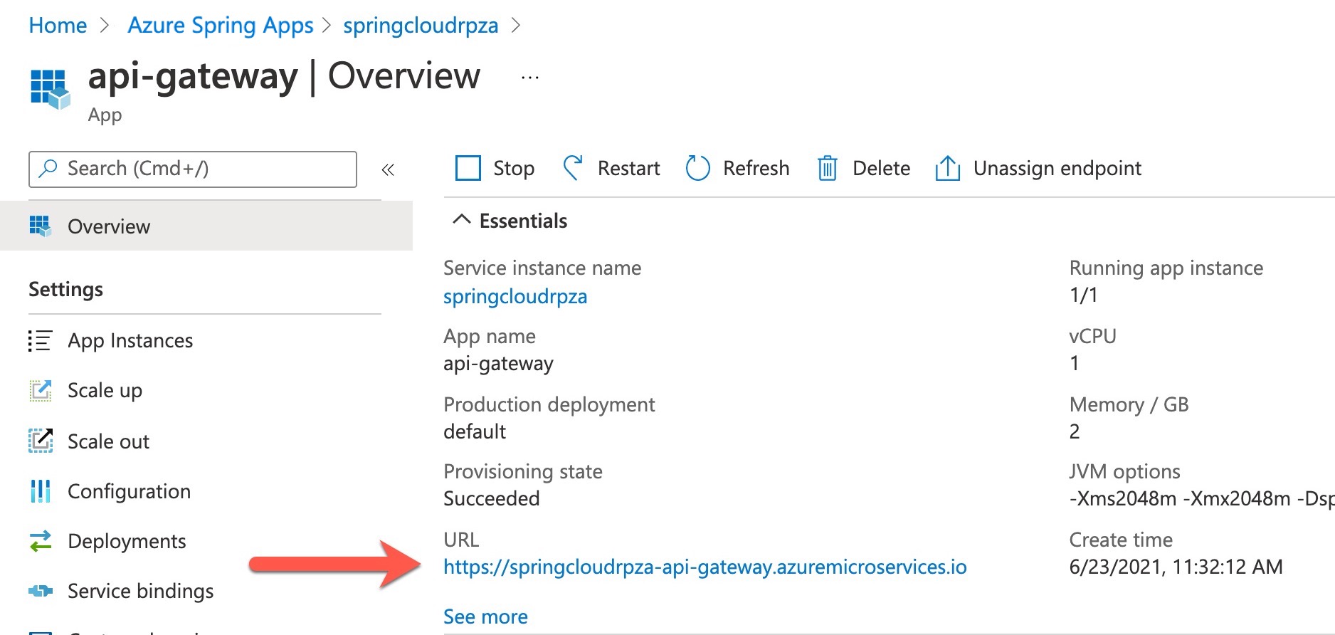顯示 Spring Apps 閘道 URL 的螢幕擷取畫面。