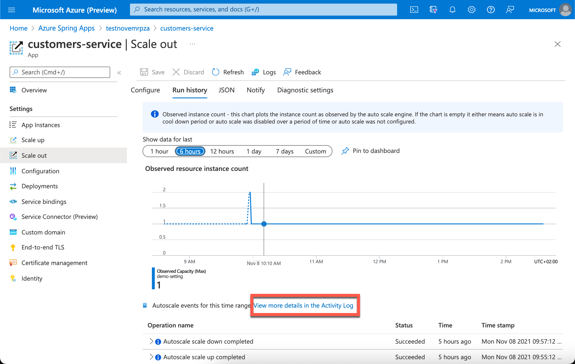Azure 入口網站中自動調整「執行歷程記錄」索引標籤的螢幕擷取畫面。