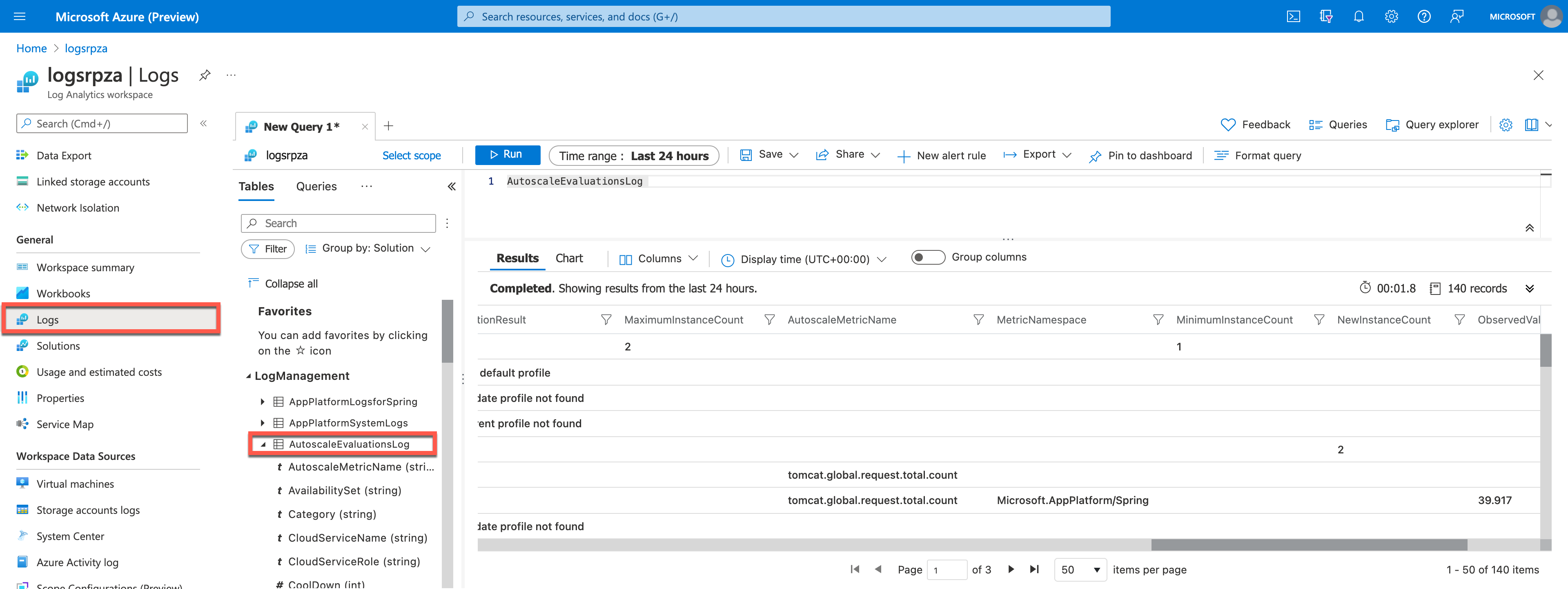 Azure 入口網站中 Log Analytics 工作區的螢幕擷取畫面。