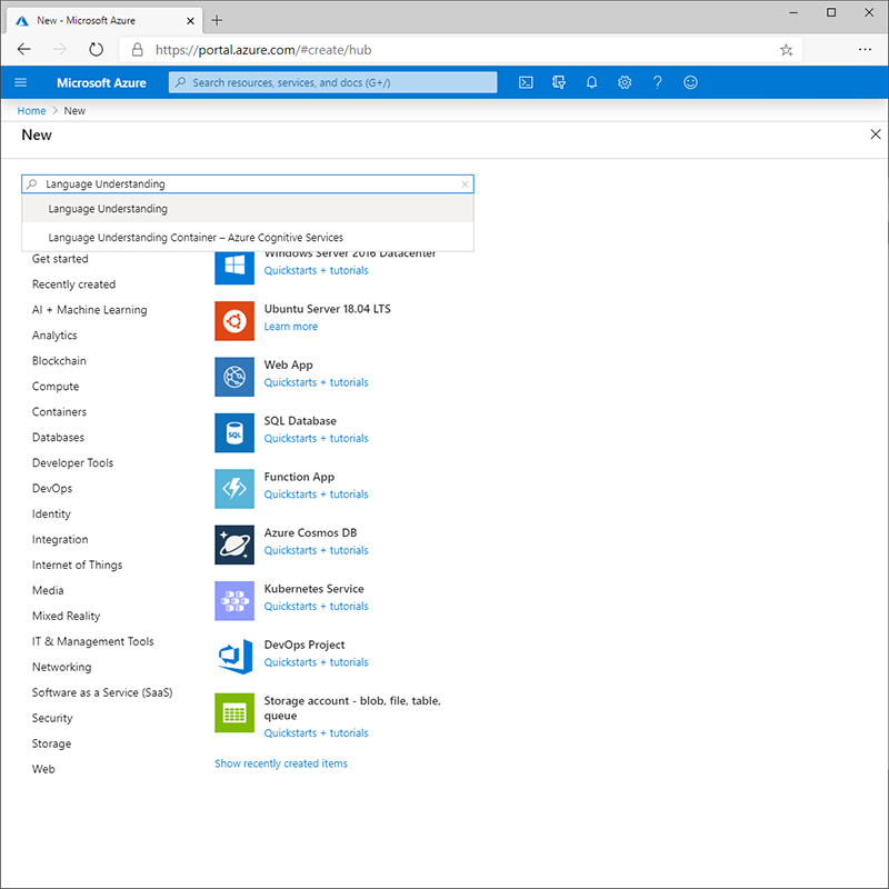 Screenshot of the Azure language service resource.