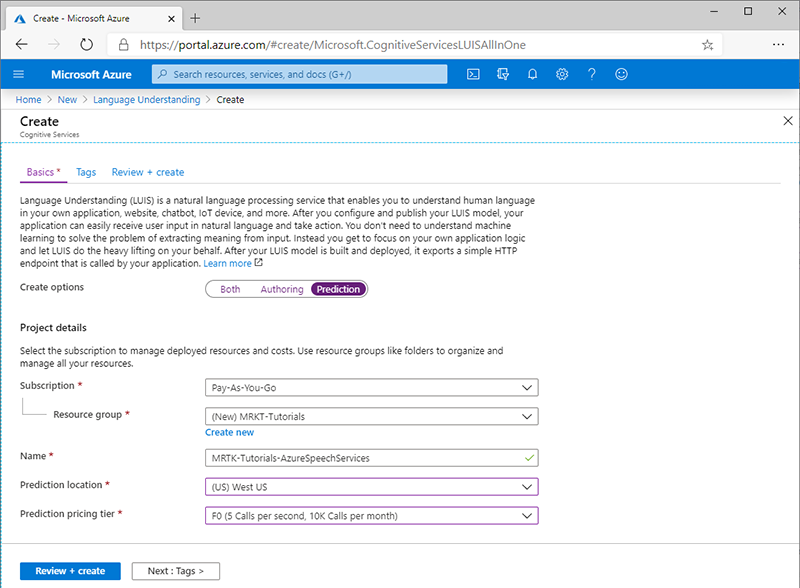 Screenshot of the configured Create Language form.