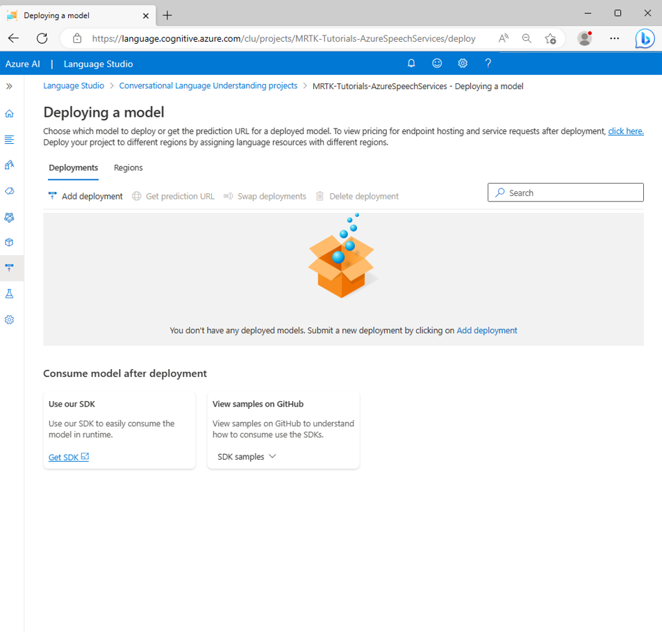 Screenshot of the Deploying a model page.