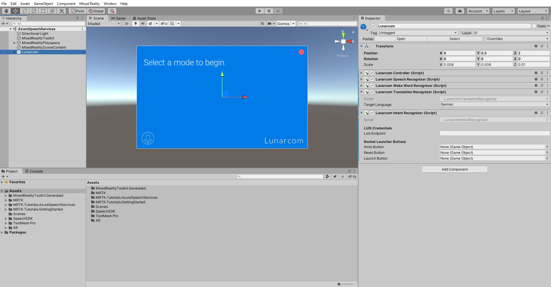 Screenshot of adding the Lunarcom Intent Recognizer (Script) component.