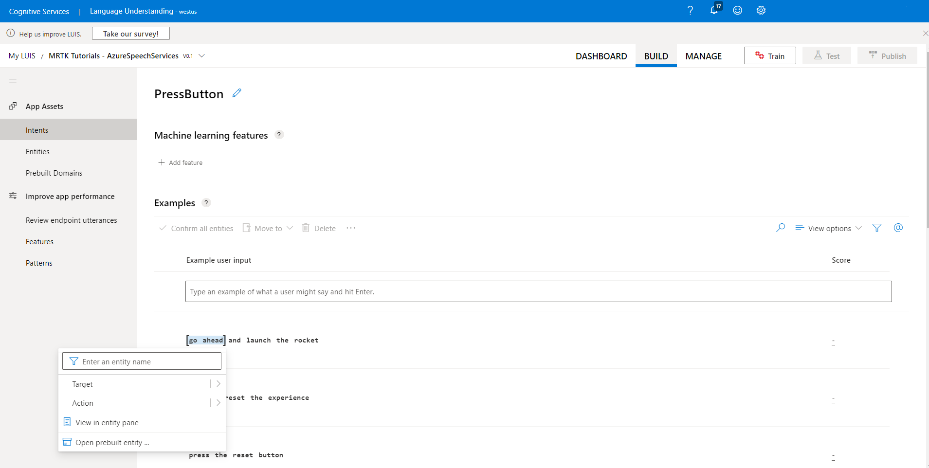 Screenshot of labeling go ahead as an action entity value.