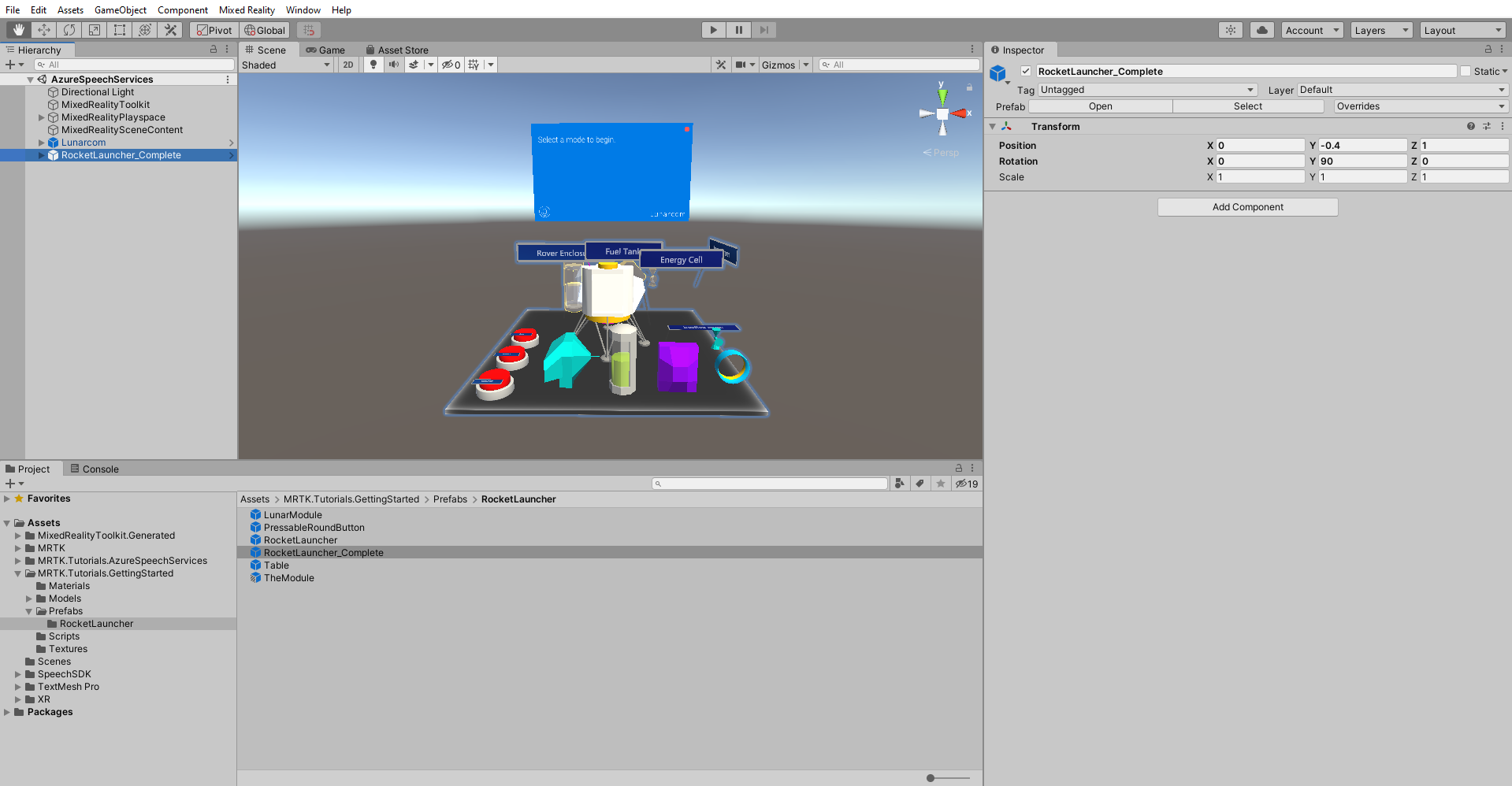 Screenshot of adding the RocketLauncher_Complete prefab.