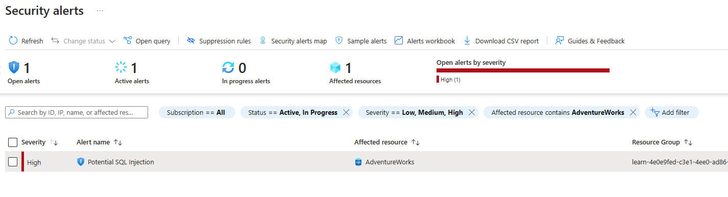 Screenshot of the security alerts.