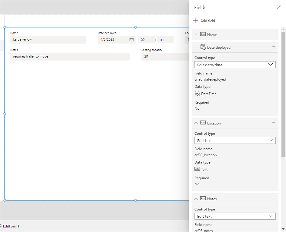 Screenshot of the added fields in the Fields dialog box and the fields now populating the form. Highlights on Date deployed on the form showing a time value of 00:00 and the .