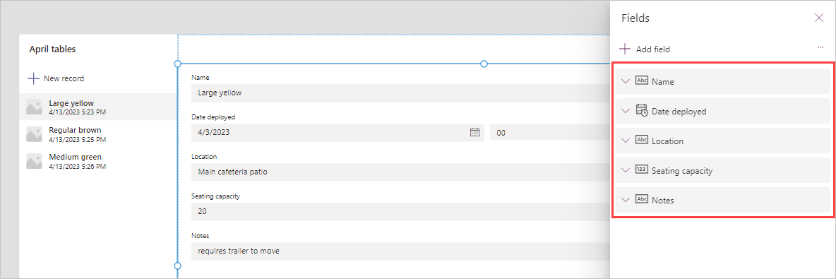 Screenshot of the fields dialog box showing the five fields from our table highlighted and in the desired order.