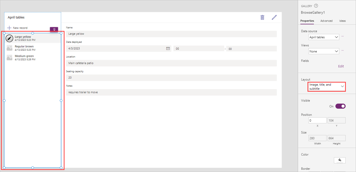 Screenshot showing the gallery selected and the properties pane with the Edit button under Fields highlighted.