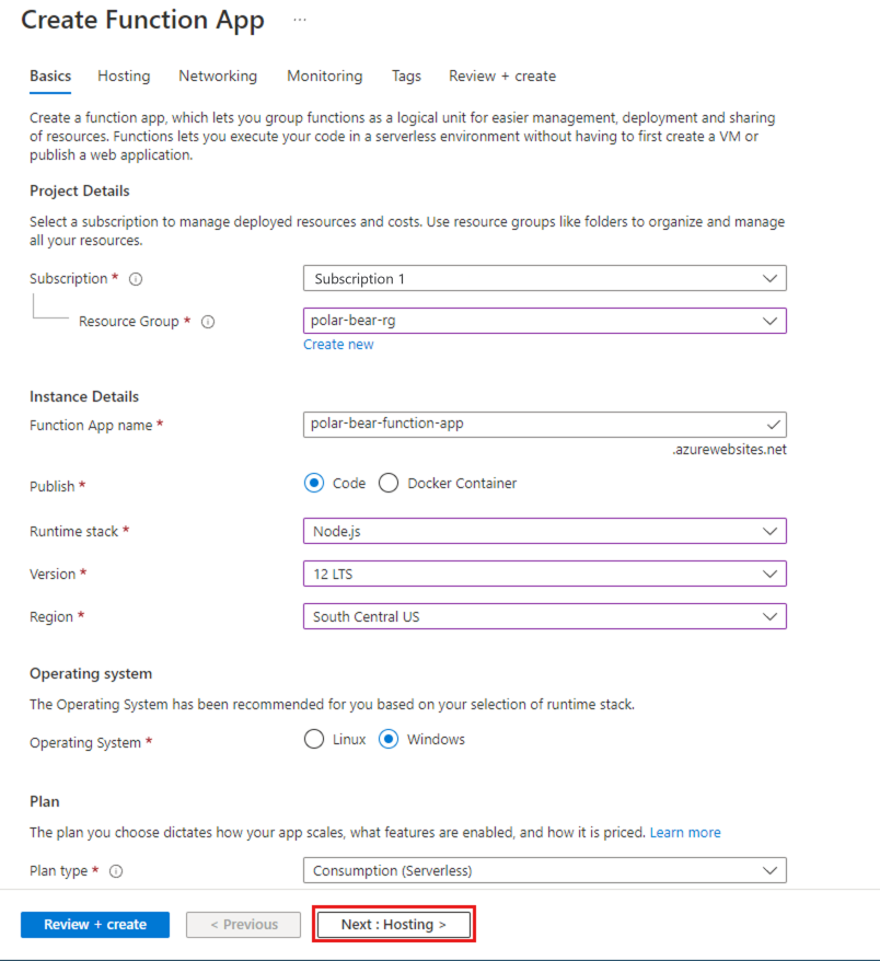 Screenshot that shows the basic settings to select or enter for a new function app.