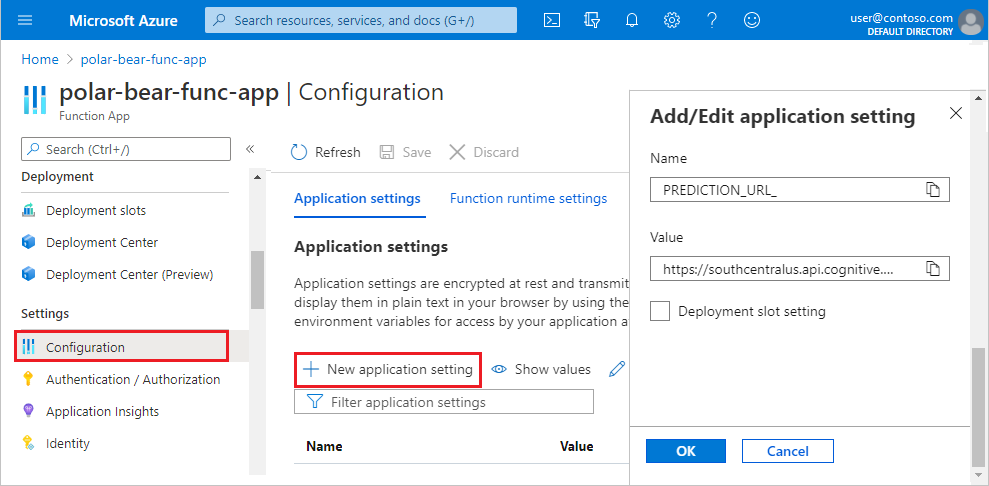 Screenshot that shows selections to make in the Azure portal for application settings for a function app.