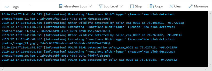 Screenshot that shows logs in a terminal, with the log entry Polar Bear detected for one of the cameras and the camera's latitude and longitude.