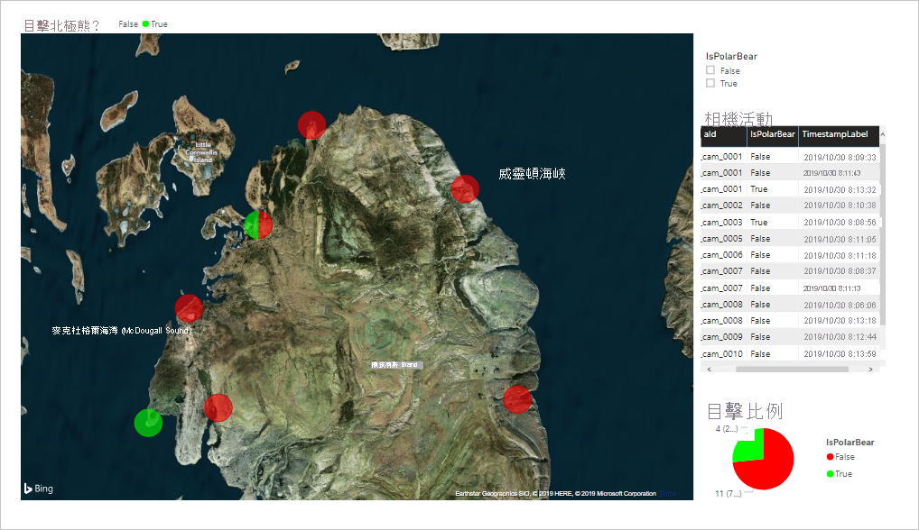 Screenshot of a live map of Cornwallis Island with camera activity data listed.