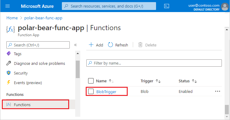 Screenshot that shows selections to make in the Azure portal to view the blob trigger function app.