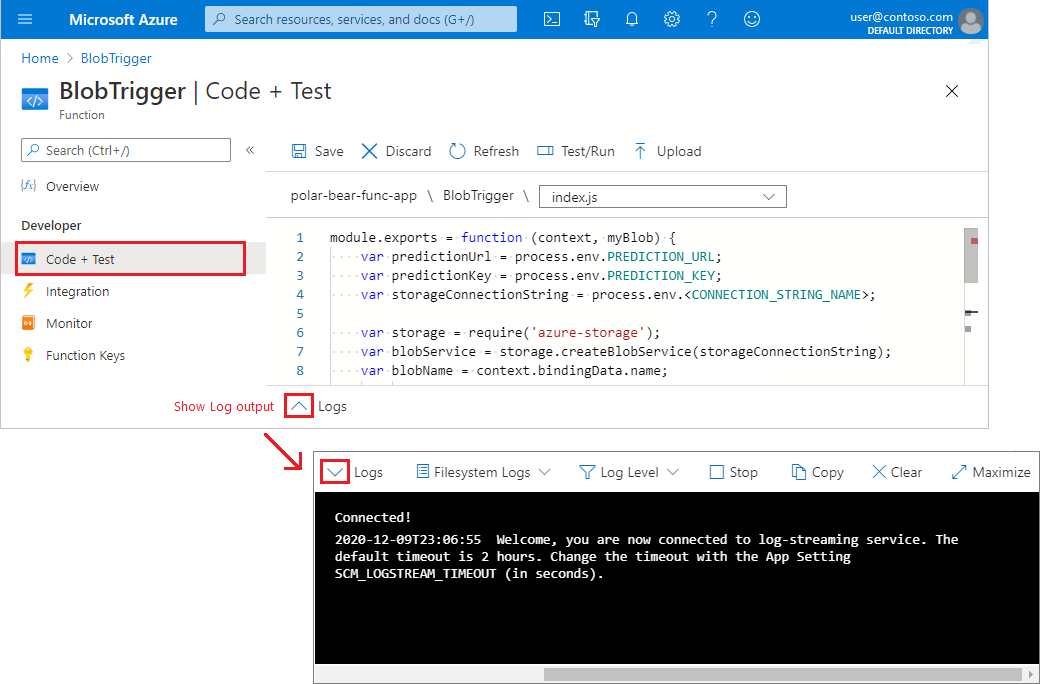 Screenshot that shows how to open the output log for a function.